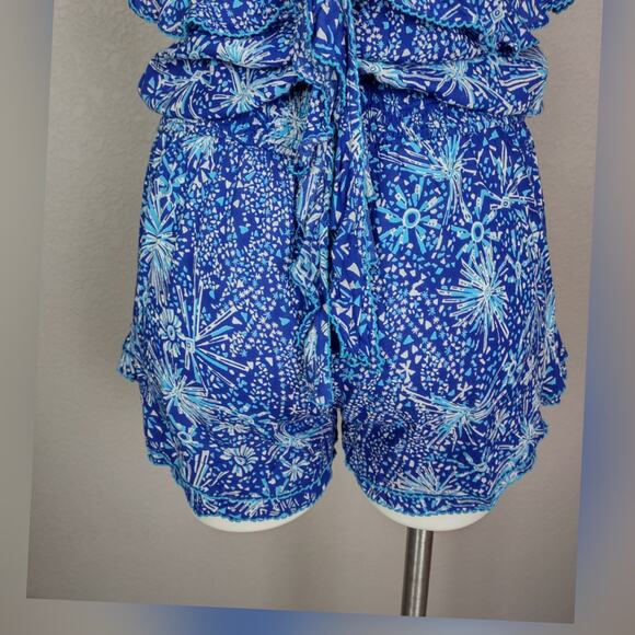 POUPETTE ST BARTH Yoana Ruffled Romper In Blue Geo Batik Vertical Size Medium - Picture 9 of 13